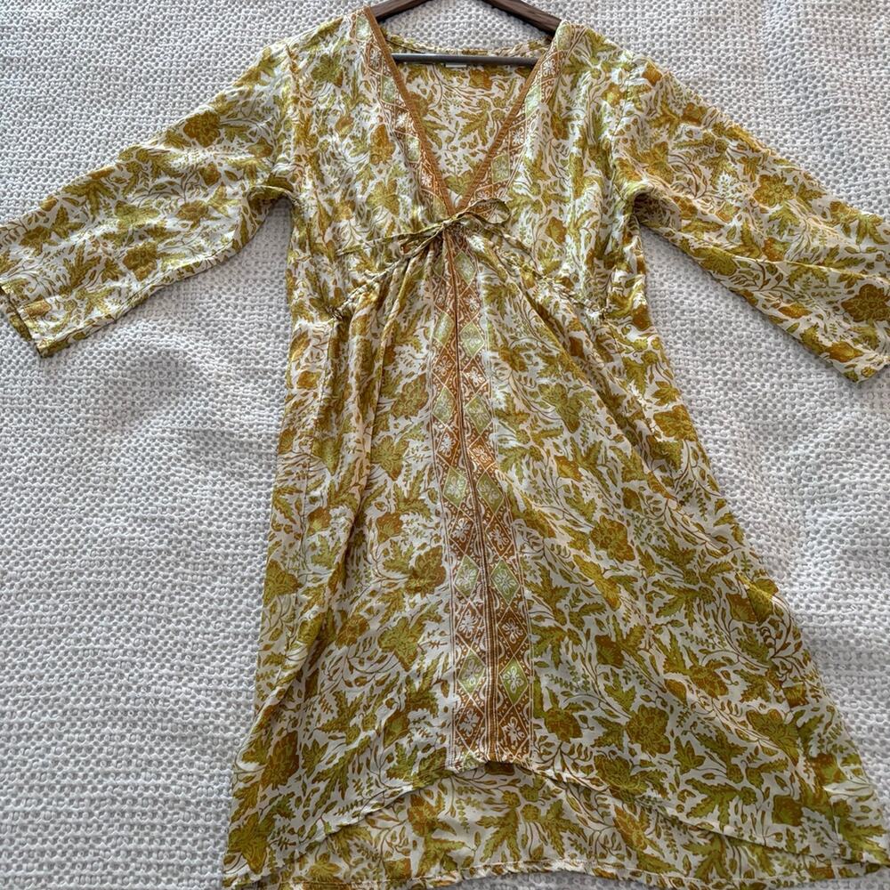 Boho Minimalist SILK Midi Dress Olive Gold Resortwear handmade M quietly luxury - Picture 2 of 8
